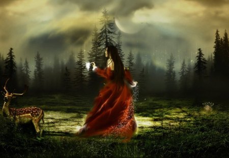 fantasy girl in woods with deer - woman, dreams, sky, fantasy, deer