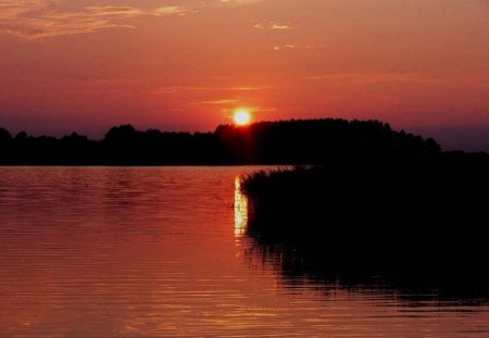 sunset over the lake - sky, lake, trees, water, summer, sunset, vacation, forest, colors