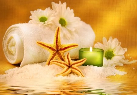 Spa still life - pretty, sea stars, treatment, towel, reflection, flowers, daisies, golden, candles, nice, water, spa, beautiful, wet, lovely, still life, orange