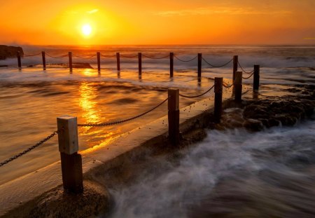 Sea sunrise - sundown, sunrise, light, reflection, golden, sky, sun, clouds, water, sea, orange, ocean, pier, dazzling, glow, nature, sunset, rays, bright, waves, shine