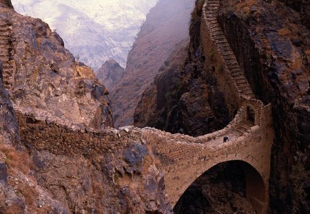 shahara bridge over chasm in yemen - steps, mountains, chasm, bridge