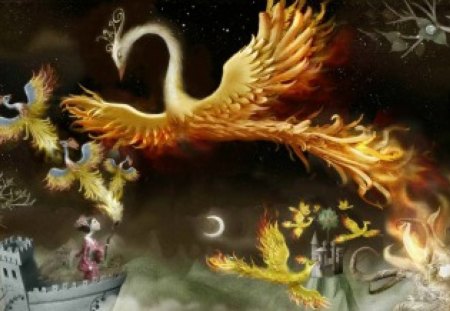 Painted Birds - moon, sky, girl, black, illustration, phoenix, fire, rosarina, bird, candyshugar, lavendergirl54, alexandera66, yellow, orange