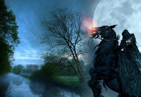 night devil - moon, sky, horse, trees