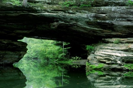 rock bridge over green river - green, rock, bridge, river