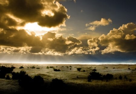 sunrays over a beach - beach, sun, clouds, grass