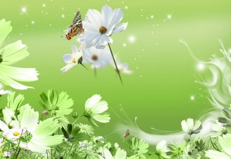 Wild Flowers Green - breeze, papillon, summer, butterflys, spring, grass, fleurs, daisies, wind, fresh, green, garden, blowing, wild flowers