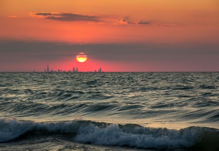 Chicago Skyline From A Beach In Indiana - beach, skyline, chicago, sunset, indiana, waves, lake, sun, sky