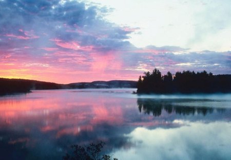 morning fog on a tranquil lake - lake, morning, reflection, fog, trees