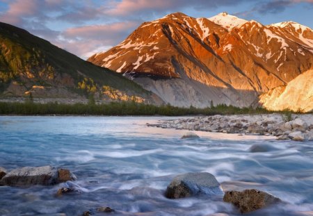 raging alsek river in british columbia - twilight, mountain, rapid, river