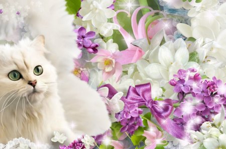 The Green Eyed Cat - summer, spring, green eyes, flowers, fluffy, pet, kitten, ribbon, lace, lilacs, feminine, sweet, fleurs, cat, soft, feline, loveable, cute, bow, pastel