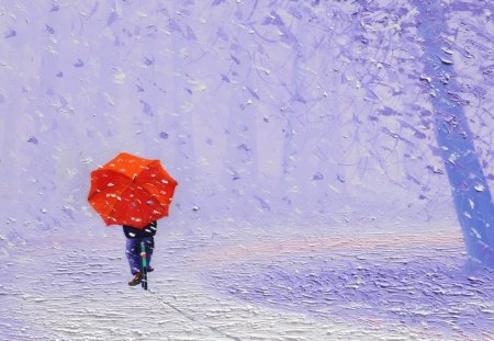 Drops of rain - painting, art, rain, snow, umbrella, winter, bicycle