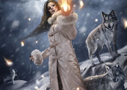 THE GIRL WILL LEAD THE WOLF - fantasy, abtract, fire, wolf, girl