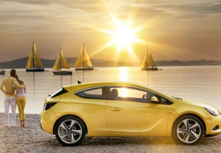 Nice yellow - beach, ride, couple, yellow, car, boar, sea