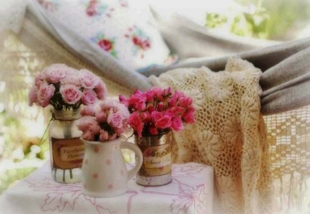 Lovely Pink Resting Area - flowers, pretty, roses, shawl, soft, pink, rest, chair