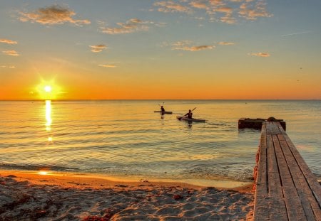 Sunset - nature, beach, pier, sunset, sea