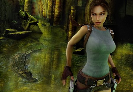 LARA AND THE CROCODILE - women, caves, danger, computers, girls, bravery, games, adventure, reptiles, ruins, animals, heroine, crocs