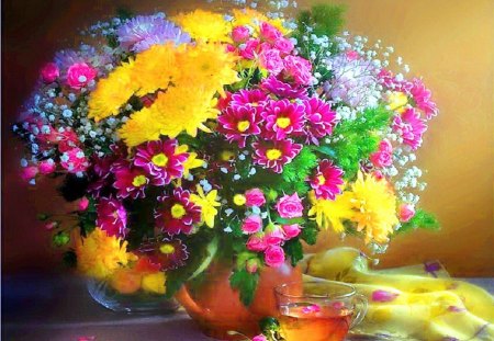 Tea & flowers for Carol - yellow, blue, colors, tea, pink, flowers, green, arrangement, cup