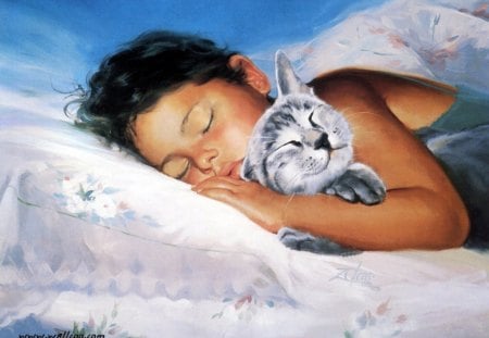 cat nap - white, child, flowers, cat