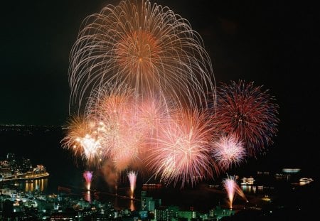 fireworks in dark sky - abstract, fireworks, lights, sky