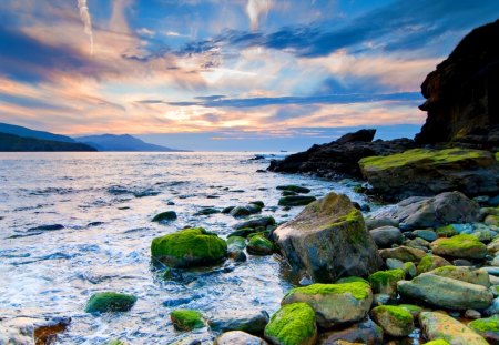 Seashore - ocean, beach, sky, mountain, peaceful, water, summer, shore, rocks, waves, nature, clouds, colors, stones, sea