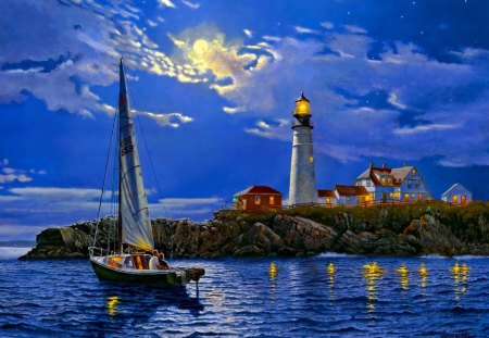 Houses by the sea - people, coast, blue, romantic, boat, evening, reflection, sailing, shore, twilight, houses, sky, sun, clouds, moon, lighthouse, water, sea, ocean, stones, sailboat, painting, cabins, cottages, dusk, rocks