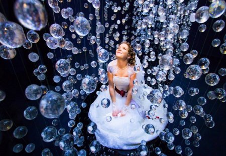 Beautiful bride - glass, bride, wedding dress, bubbles, bautiful, white, balls, laughter, dress