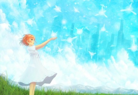 Alight Upon Me - anime, magic, blue, dress, light, gentle, happy, field, sky, castle, clouds, beautiful, girl, orange, fantasy, white, green, fairy