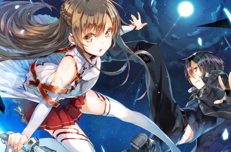 Yuuki Asuna & Kirito - moon, skirt, yuuki asuna, girl, sword, guy, night, man, kirito