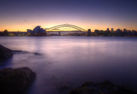 Sydney, Australia - amazing, skyline, splendor, purple, view, skyscrapers, sky, clouds, sydney, beautiful, sea, city, beauty, lovely, ocean, buildings, australia, nature, lights, peaceful, bridge, building