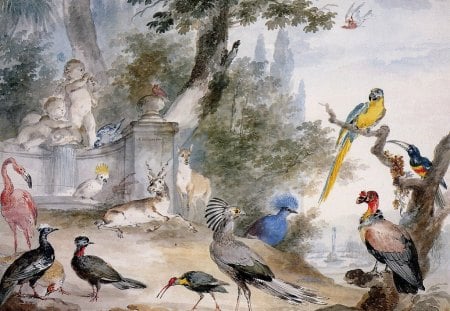 birds at a fountain - birds, fountain, art, painting