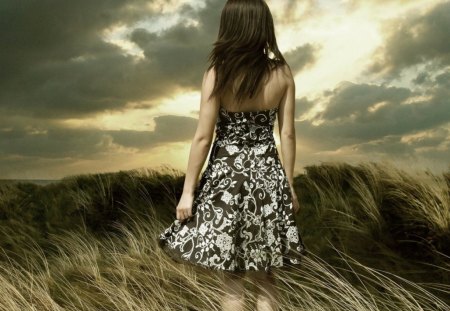 looking at sky - nature, sky, girl, clouds