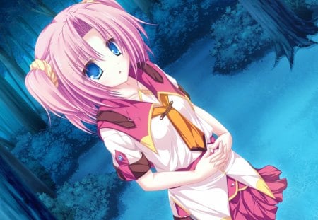 Sakura Kazamai - anime school girl, anime girl, school uniform, 77, forest, sakura kamazai, pink, red, blue, anime