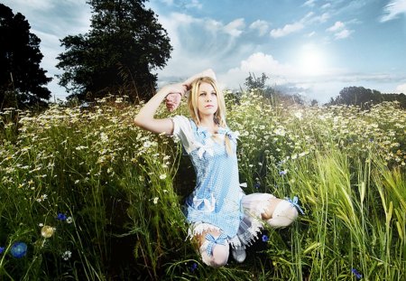 Blonde in Blue Dress - flowers, field, blonde, woman