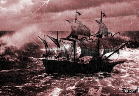 Off Shore In Storm - pirates, lightening, storm, rain, ship, sea, navera