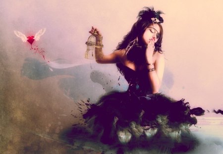 THE BLACK SWAN - birds, fantasy girls, birdcage, escape, feathers, hearts