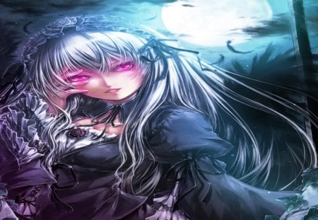 Suigintou - female, dress, night, hairband, long hair, dark, suigintou, ribbon, headdress, moon, rozen maiden, anime girl, hot, loita fashion, feather, cool, flower, gothic loita, sliver hair, red eyes, goth, smile, rose, sexy, full moon