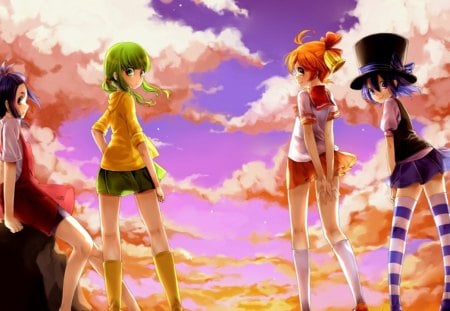 We are friends - hat, girls, clouds, anime, sunset, skirt, friends, sky