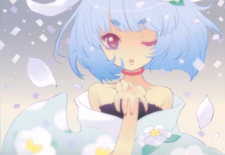 Make a wish - petal, girl, blue, wish, anime, flowers