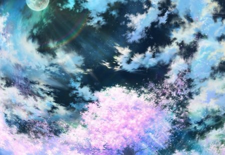 Fantasy world - sky, world, clouds, fantast, moon, tree