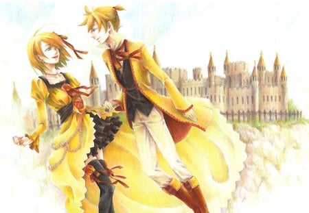 Len and Rin - twins, yellow, rin kagamine, len kagamine, dress, rose, vocaloids