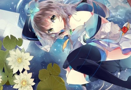 Drifting Away - luo, vocaloid, water, blue, girl, cute, lily