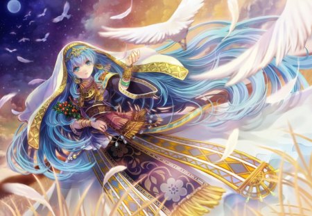 Aqua Girl - oriental, sky, long hair, bird, orginal, girl, blue hair