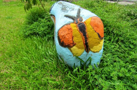 Painted butterfly - colorful, grass, stone, painted butterfly