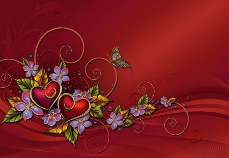 3d heart and butterflies - 3d, red, butterflies, hearts