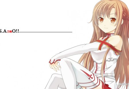 Yuuki Asuna - pretty, artistic, uniform, stunning, yuuki, sword art online, sao, nice, asuna, yuuki asuna, sword, beauty, red eyes, knight, cg, white, cute, outfit, anime, amazing, blonde, red, pose, katana, art, sitting, anime girl, beautiful, girl, blonde hair, cool, awesome, digital