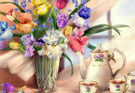 tea party - nature, pink, flowers, still life, vase