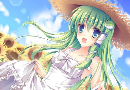 Kochiya Sanae - hat, anime, sunflower, girl, long hair, kochiya sanae