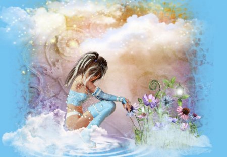 PICKING FLOWERS - rainbow, clouds, pastel, flowers, beautiful girl, fantasy