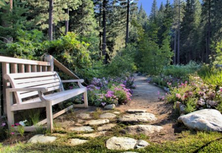 The Choice is Yours! - canon, beauty, landscape, bench, path, beautiful, scenery, gorgeus, hdr, flowers