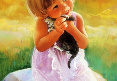 my lovely kitty - flowers, girl, grass, cat